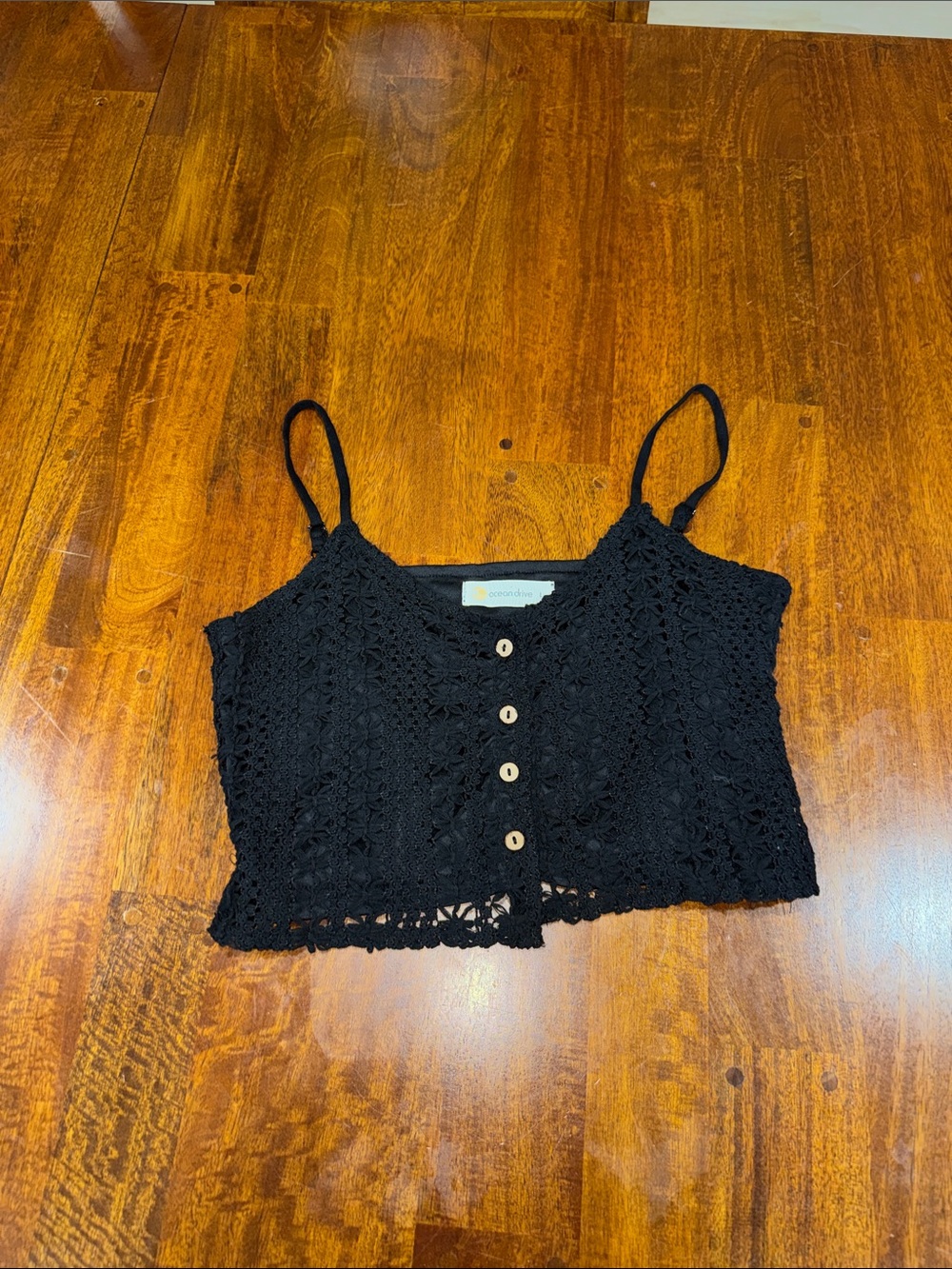 Ocean Drive Crochet Button-Front Black Crop Top